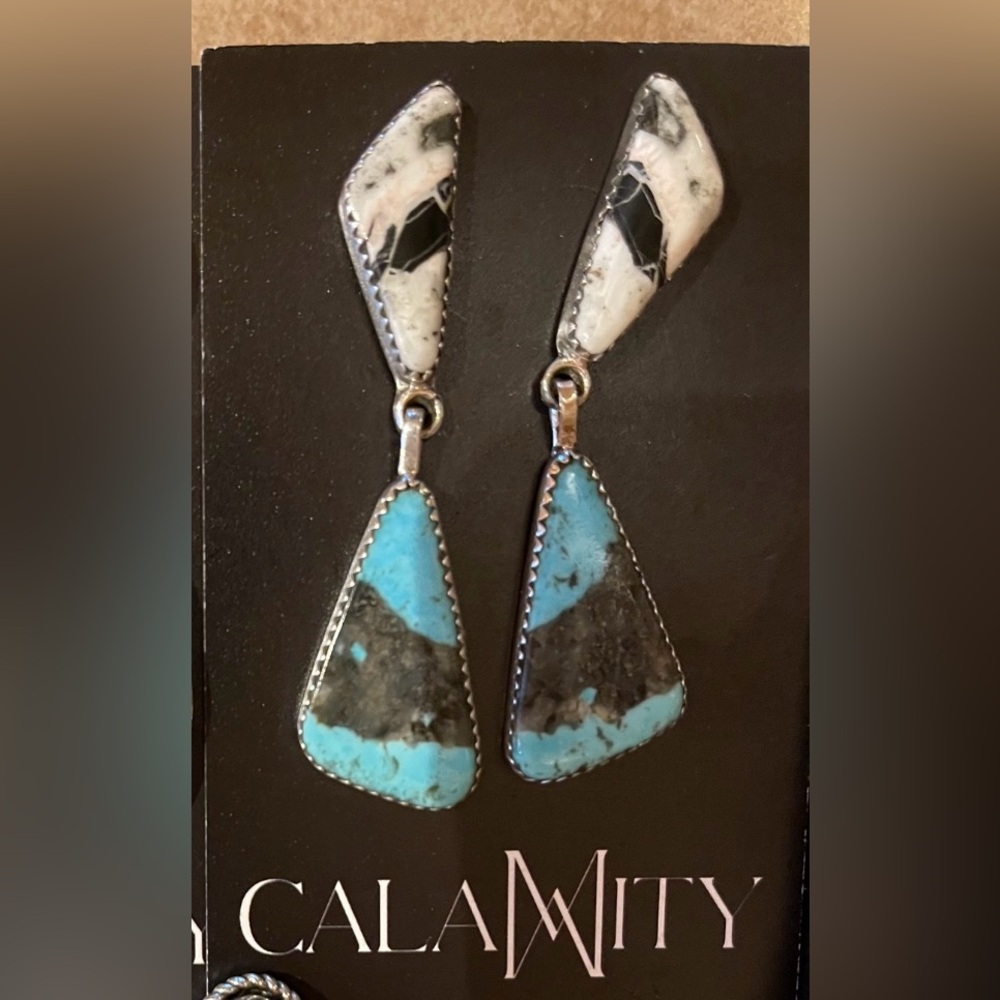 Native American Navajo Earrings with White Buffalo & Kingman Turquoise